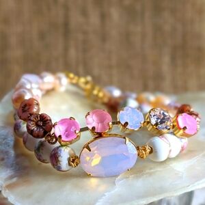 Victorian Darling Pink Opal Swarovski Crystal & Porcelain Beads Layered Bracelet